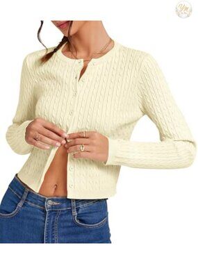 Cropped Cable Knit Cardigan Lightweight Button Up Sweater